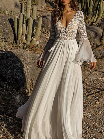 Blanche Robe en Mousseline V-cou Manches Cloche Longue Invité Mariage